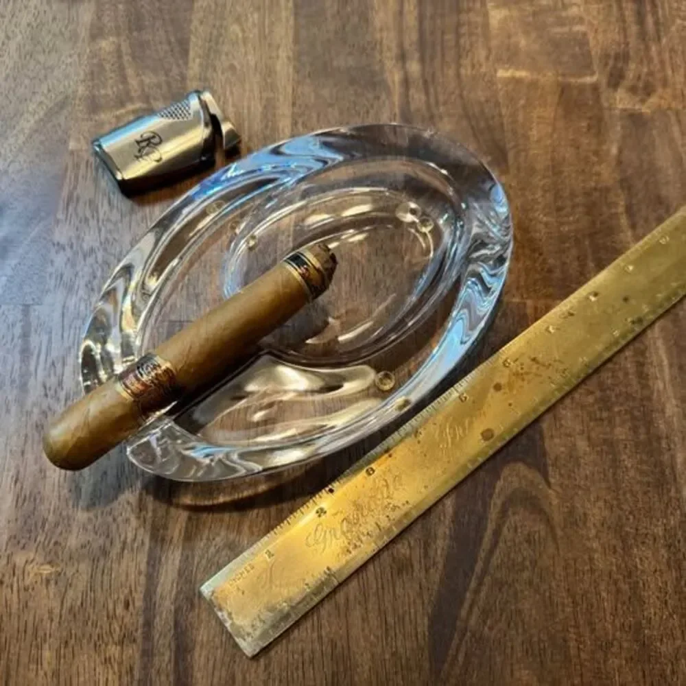 Nat Sherman Crystal Glass Cigar Ashtray – Heavy Etched Oval Ashtray